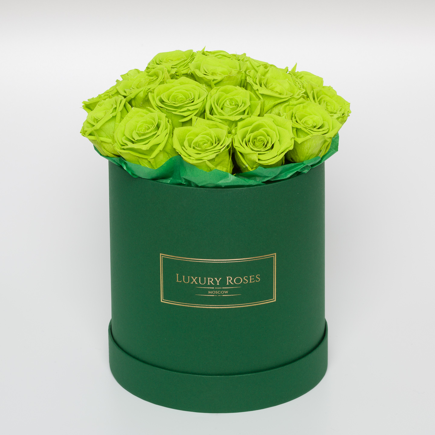 Букет 21 зеленая роза в шляпной зеленой коробке - Luxury Roses Спб