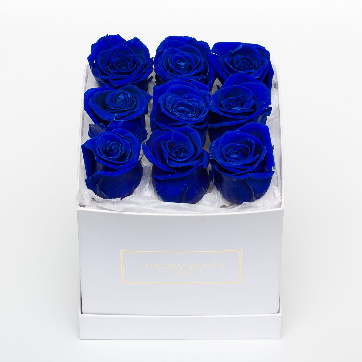 Букет 9 синих роз с блестками в белой коробке - Luxury Roses Спб